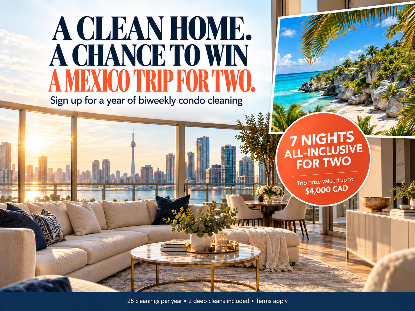 Promotional graphic: a clean Toronto condo home and a chance to win a 7-night all-inclusive Mexico trip for two