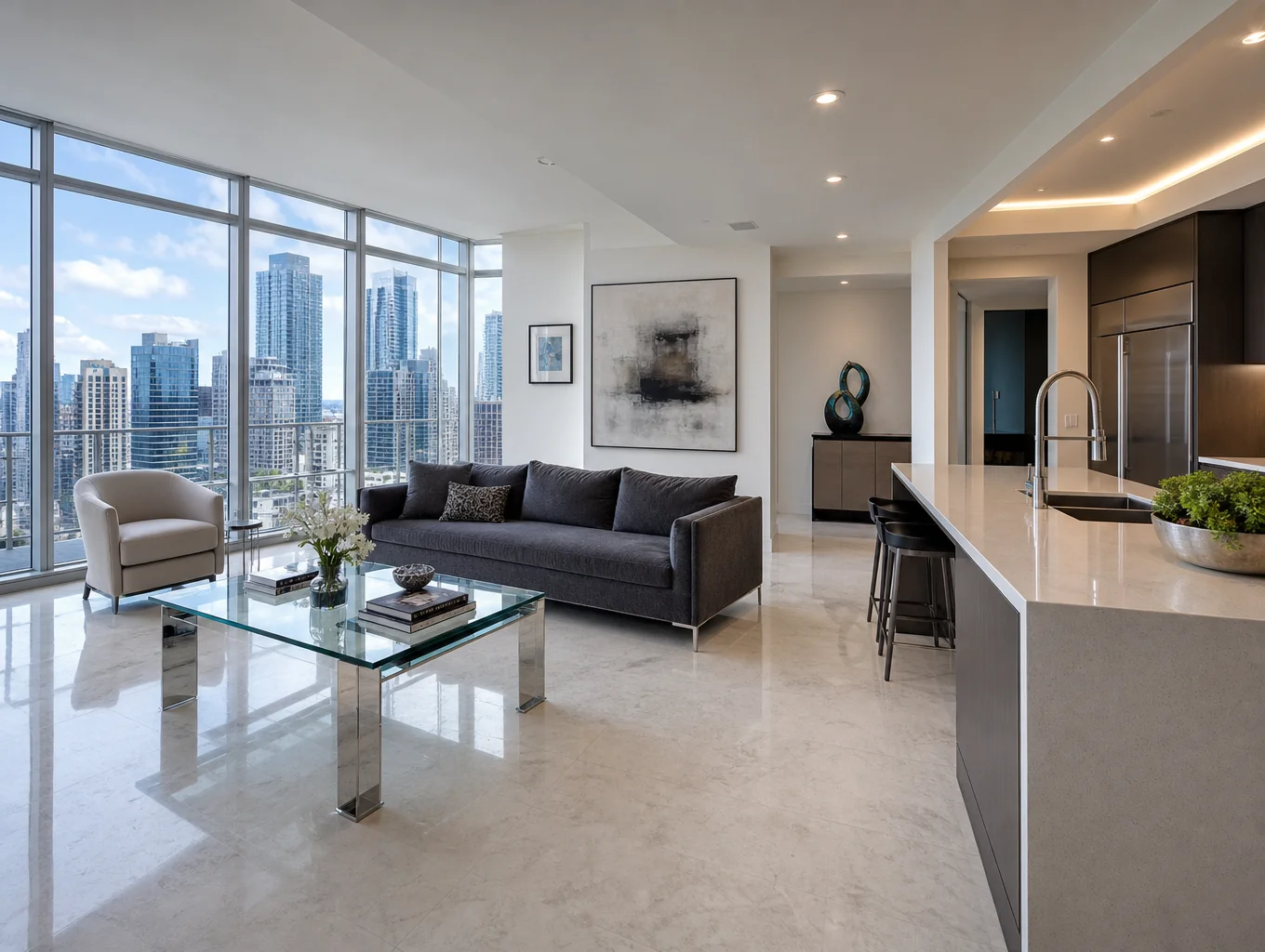 Sunlit Toronto downtown condominium living room with floor to ceiling windows